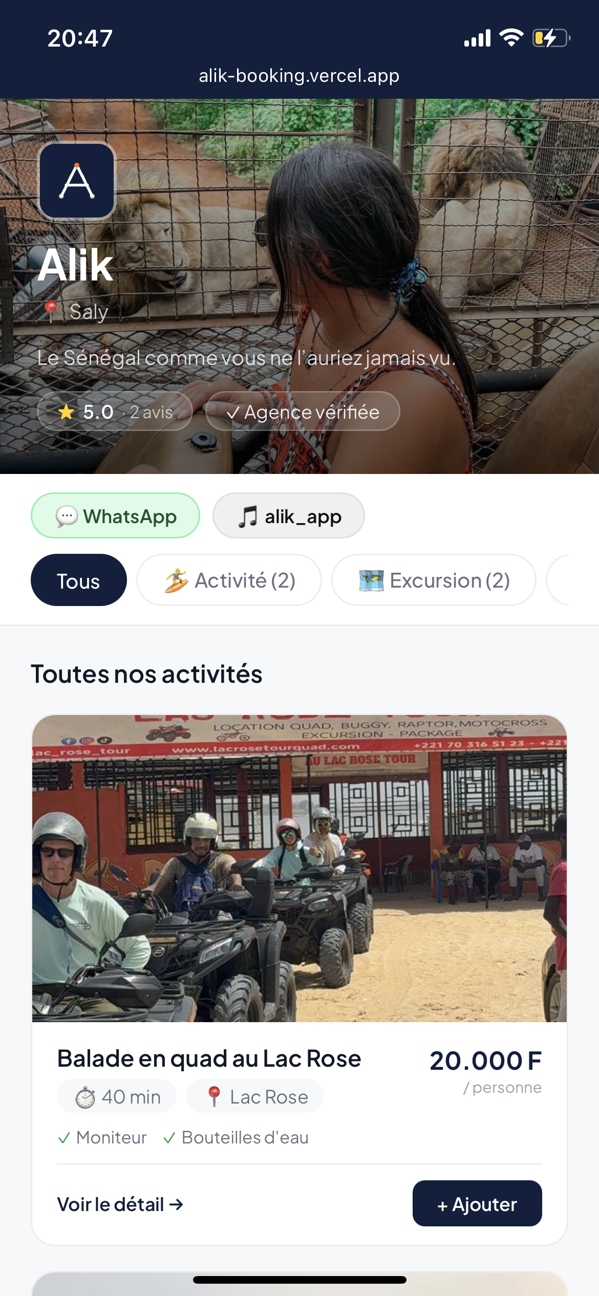 Vitrine client Alik — agence d'activités au Sénégal