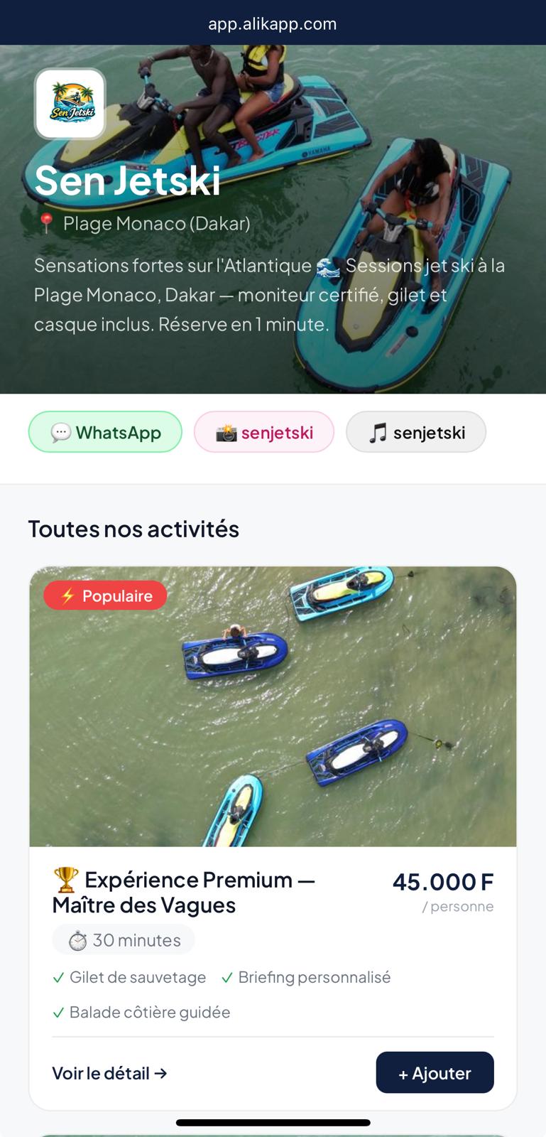 Vitrine Sen Jetski sur Alik — réservation jet ski Dakar